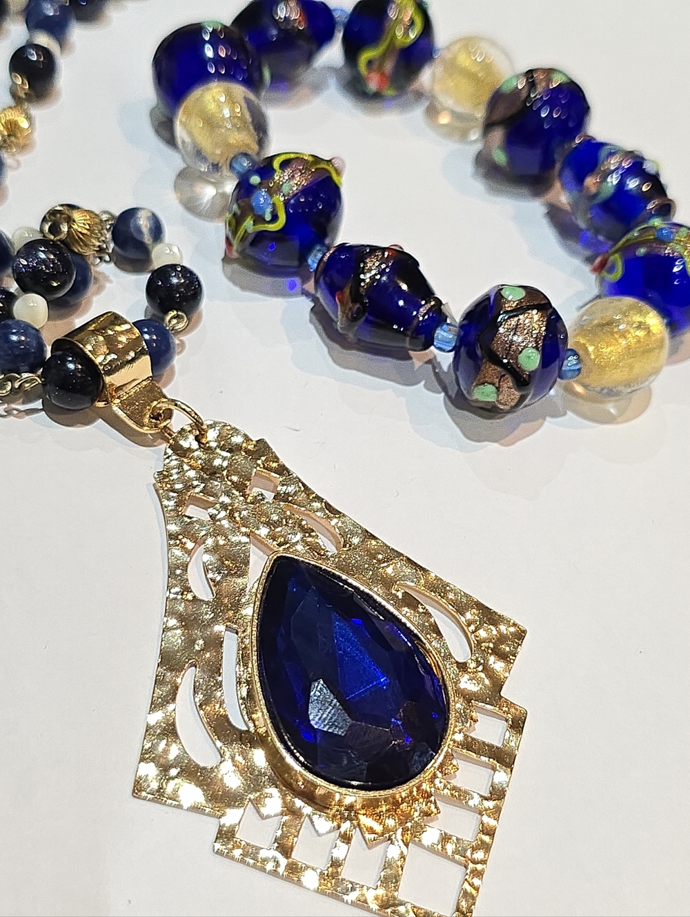 Vintage Gold-tone Necklace with Deep Blue Teardrop Pendant & Matching Bracellet
